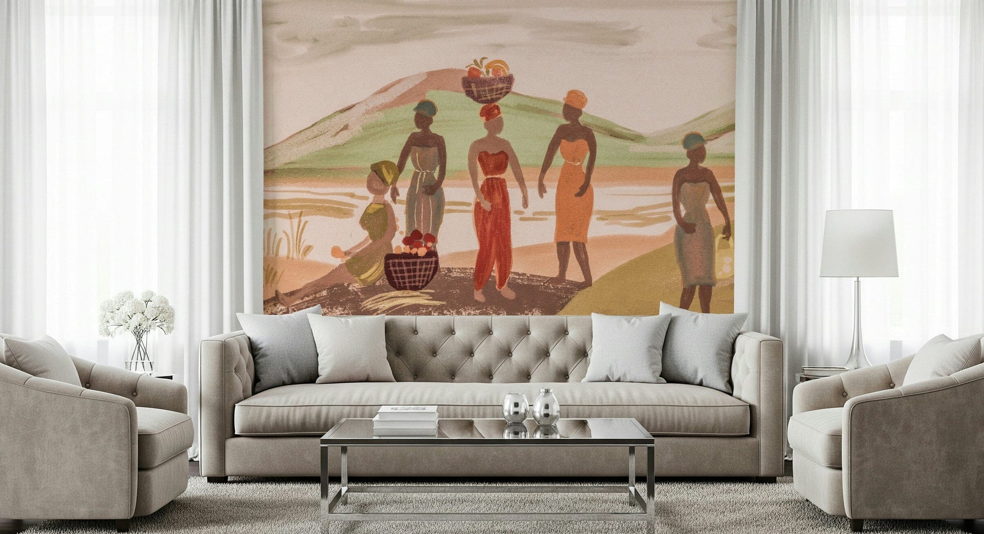 Decorative mural showcasing vibrant African clothing and joyful women celebrating the harvest.