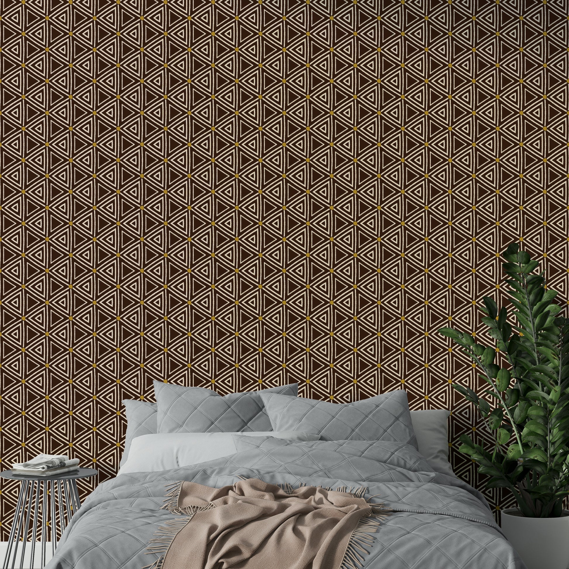 Warm brown tribal wallpaper with intricate geometric shapes.

