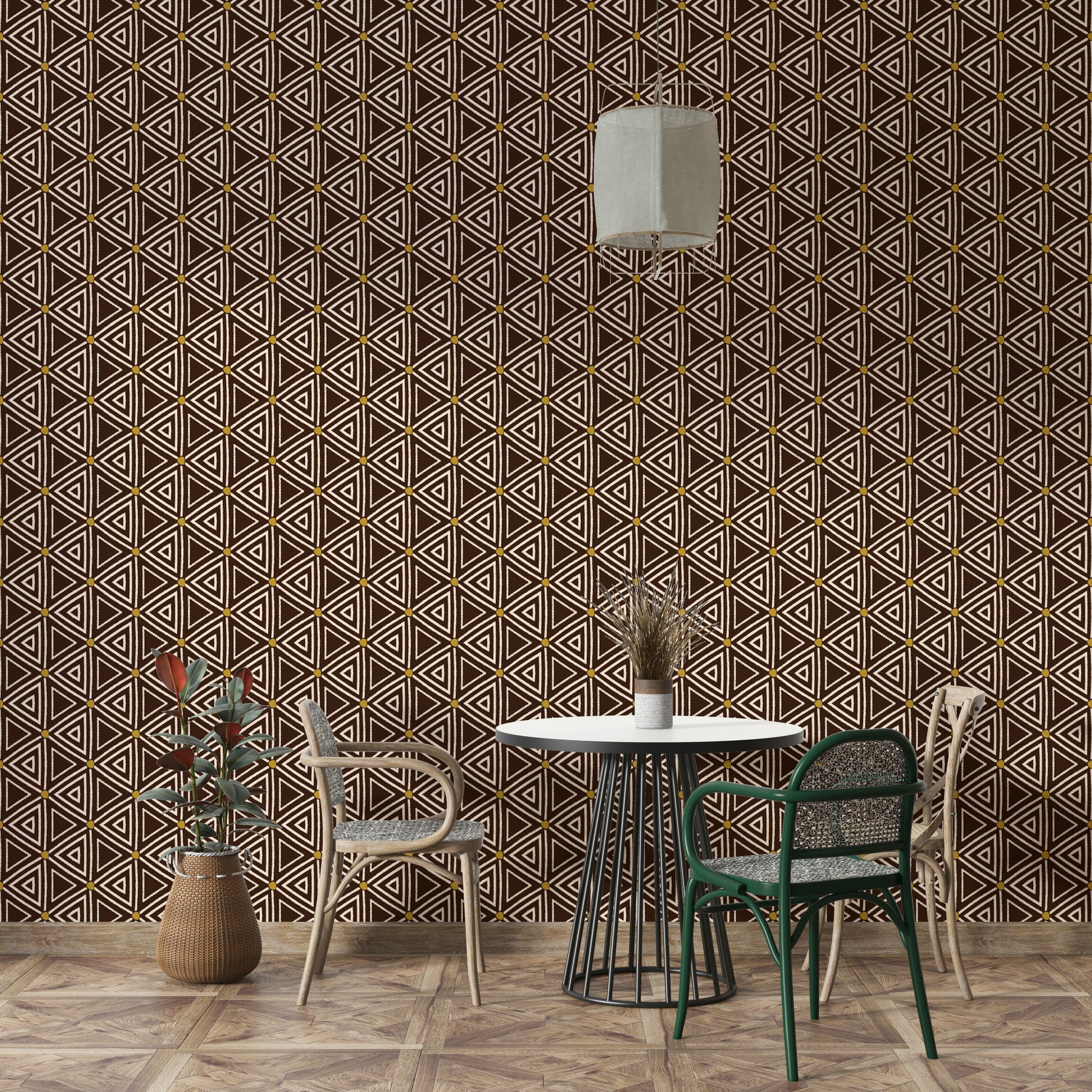 Geometric tribal pattern wall mural in earthy brown tones.

