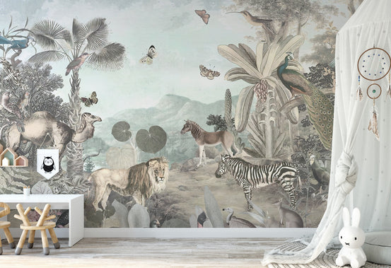 African Wildlife Animals Forest Kids wallpaper mural shown as a full feature wall that highlights the design