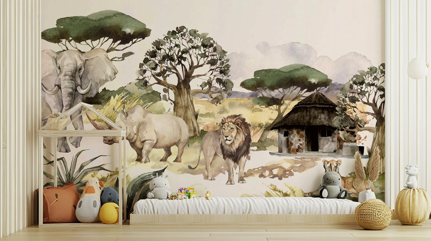 Watercolor forest mural wallpaper with elephants

