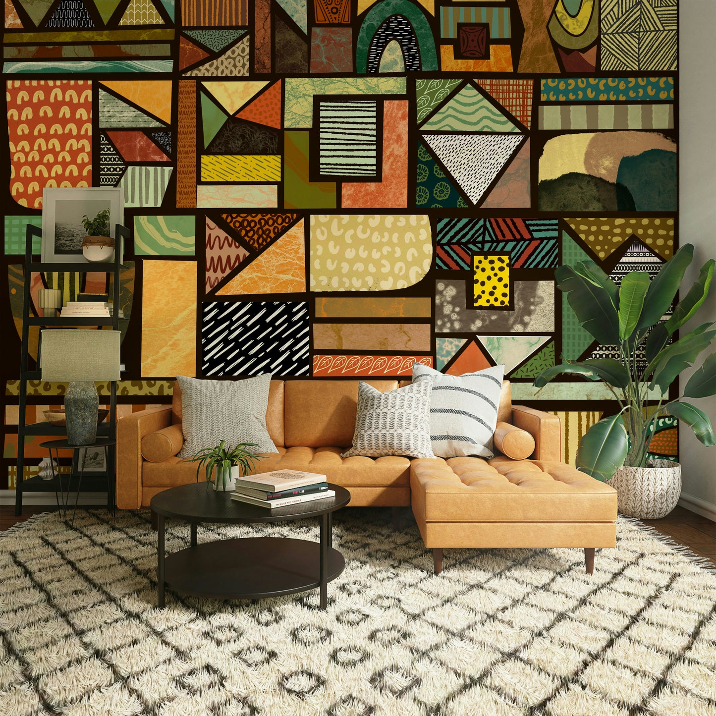 Vibrant mural with African wildlife in natural landscapes and warm tones.

