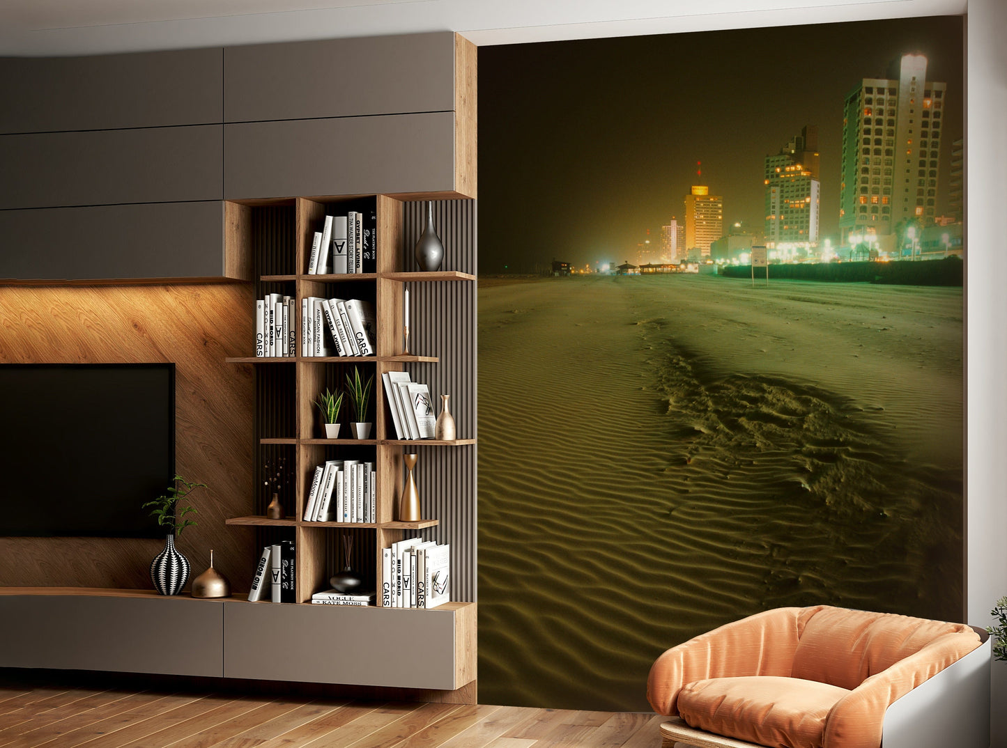 A calming water movement wallpaper mural that defines a space.

