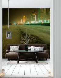 A peaceful coastal scene mural on decorative wallpaper.

