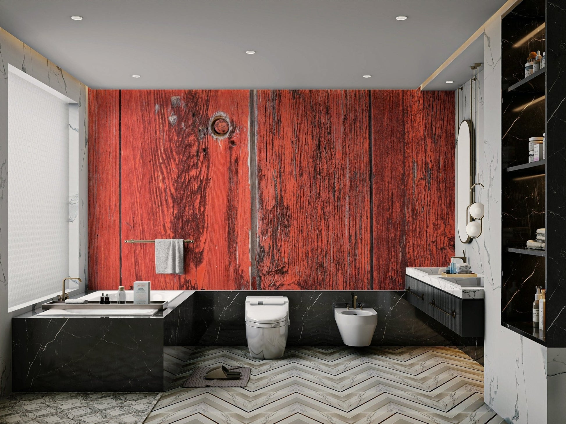 Aged Red Timber wallpaper for a feature wall.

