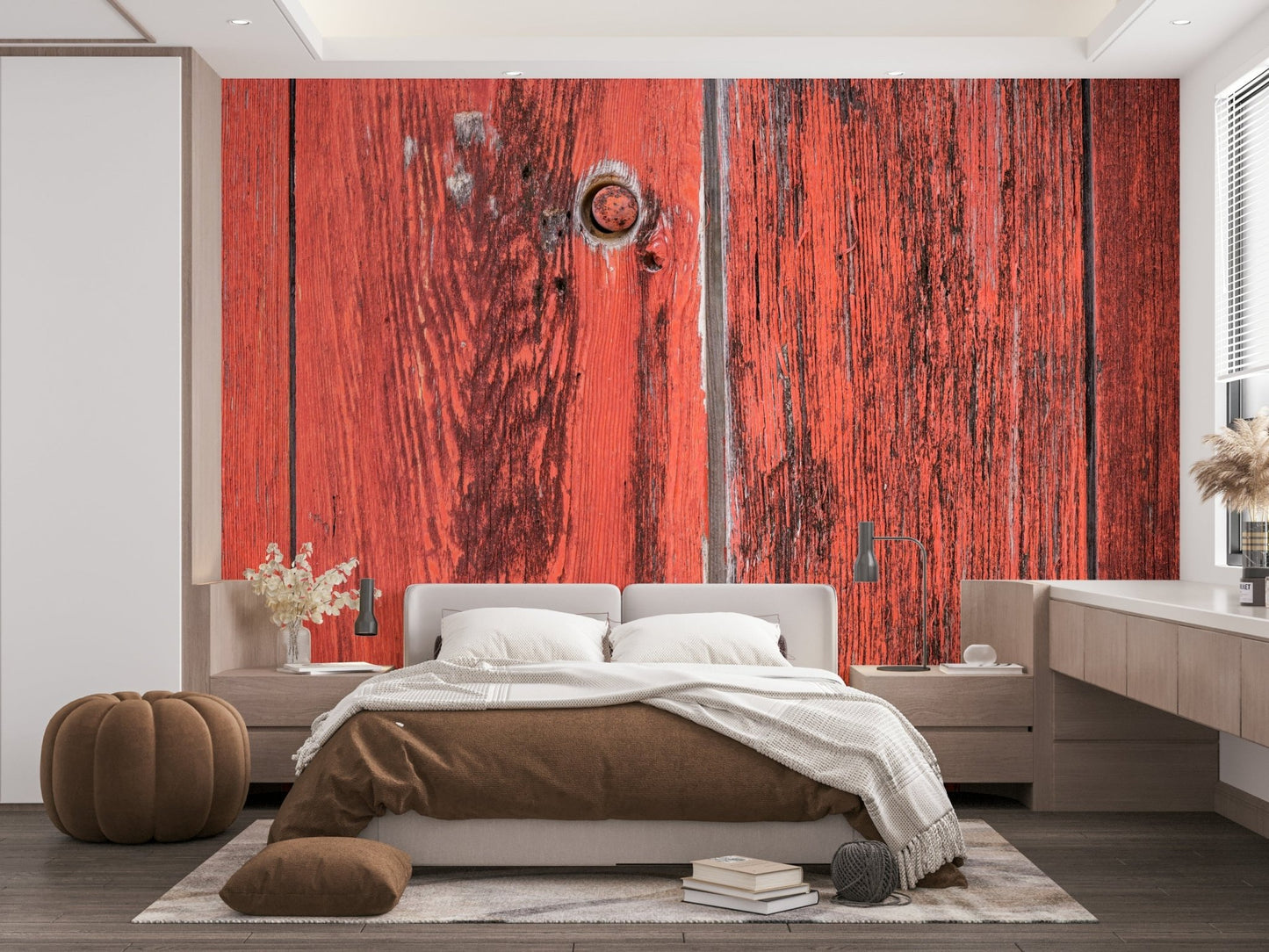 Wallpaper showing peeling paint on wood.

