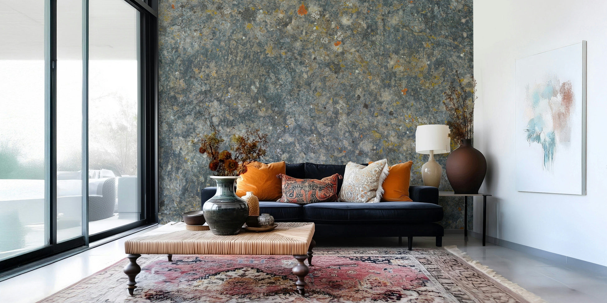 Decorative mural featuring distressed stone details in earthy neutral hues.