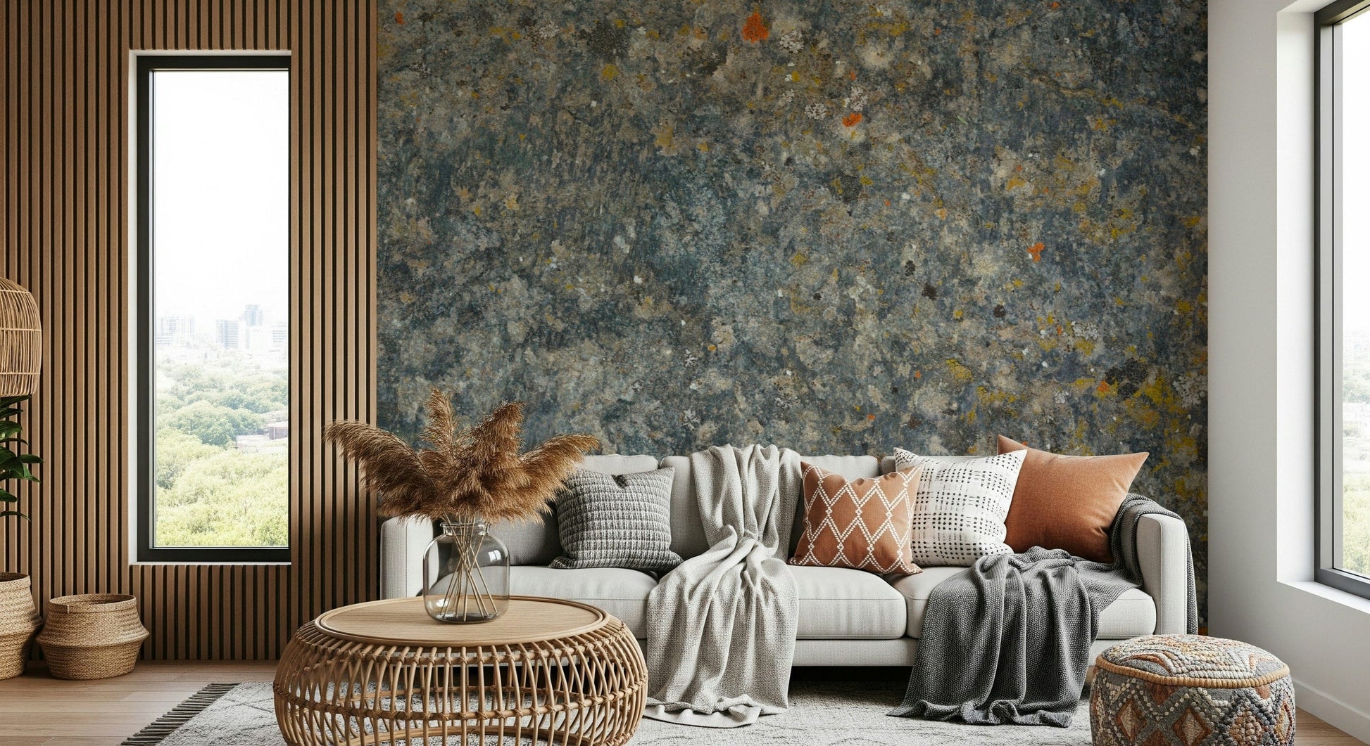 Wall mural with textured aged stone patterns adding depth and character to walls.