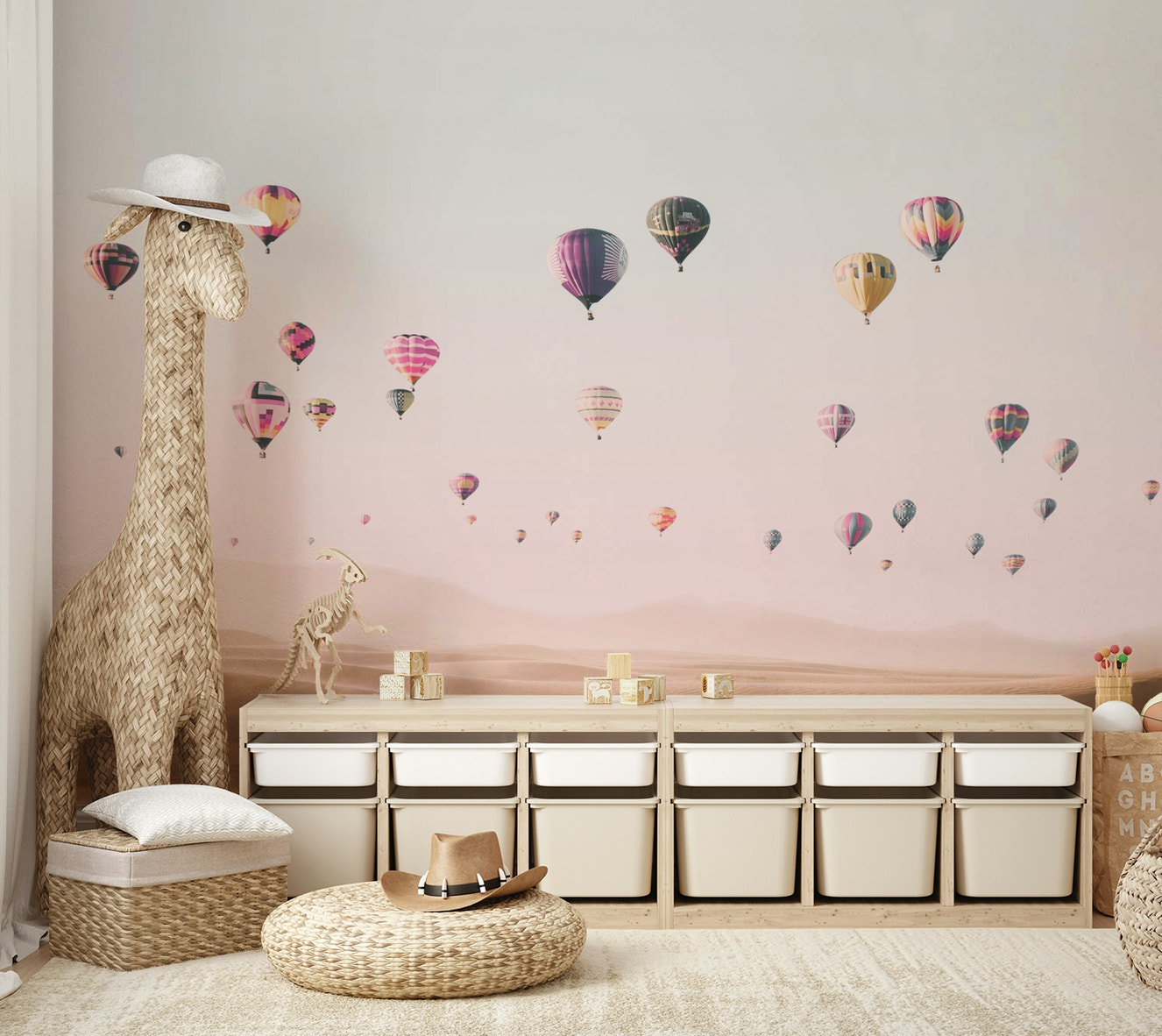 Colorful air balloons mural for kids' rooms

