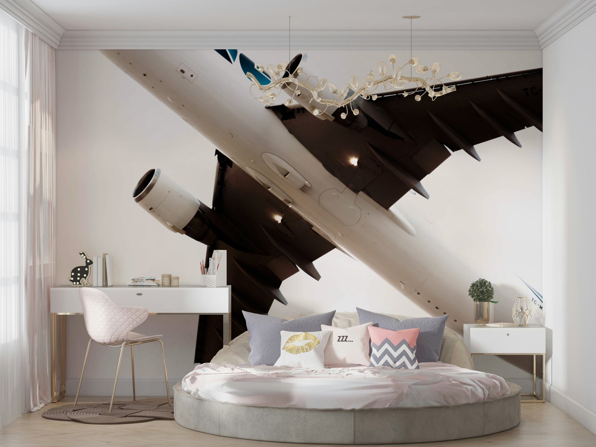 A high-angle view of the wall mural in a large space.

