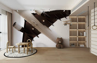 A minimalist interior with the overhead-themed wallpaper.

