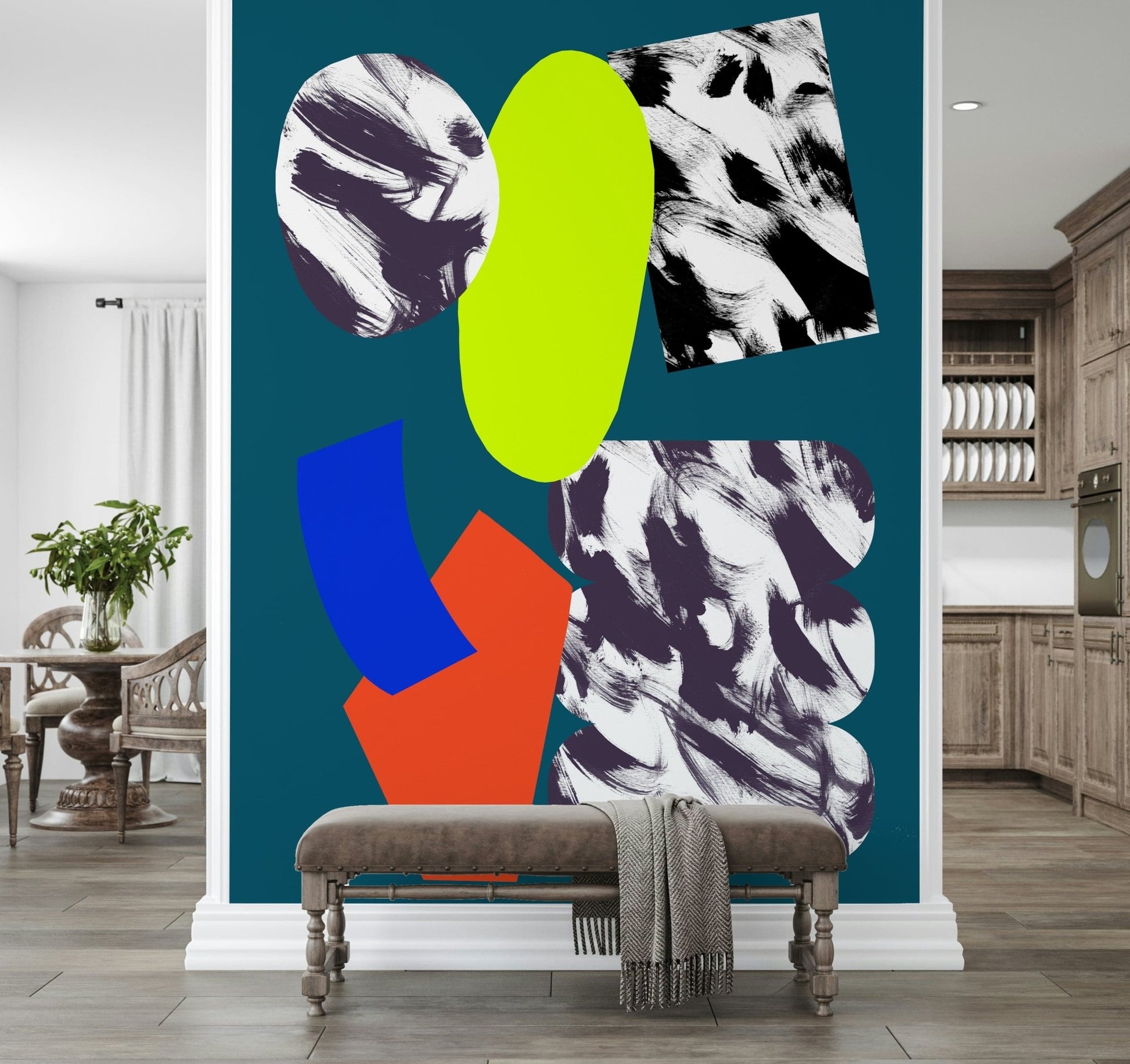 Mixed-media style wallpaper displaying bold color pops and textured monochrome shapes.