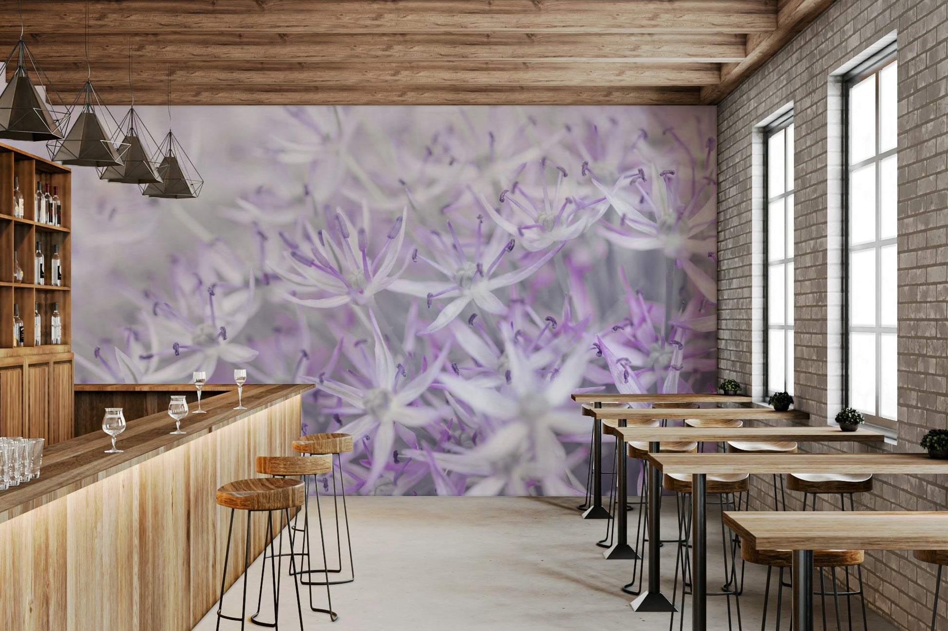 Floral mural of allium flowers with a soft pastel backdrop

