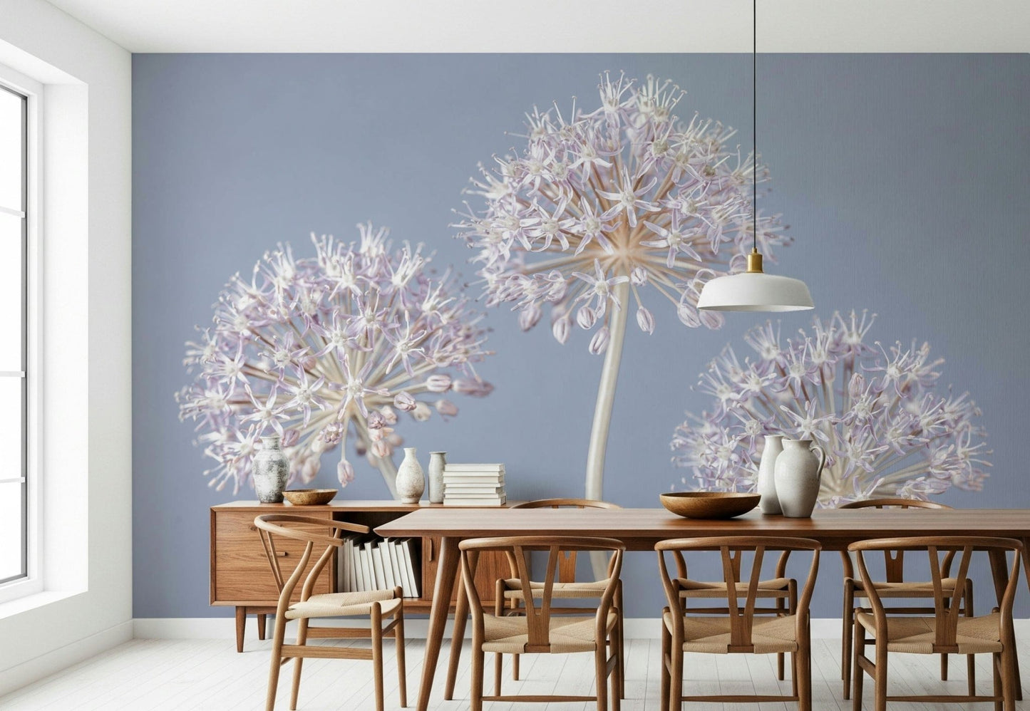 White allium flowers wall mural on grey