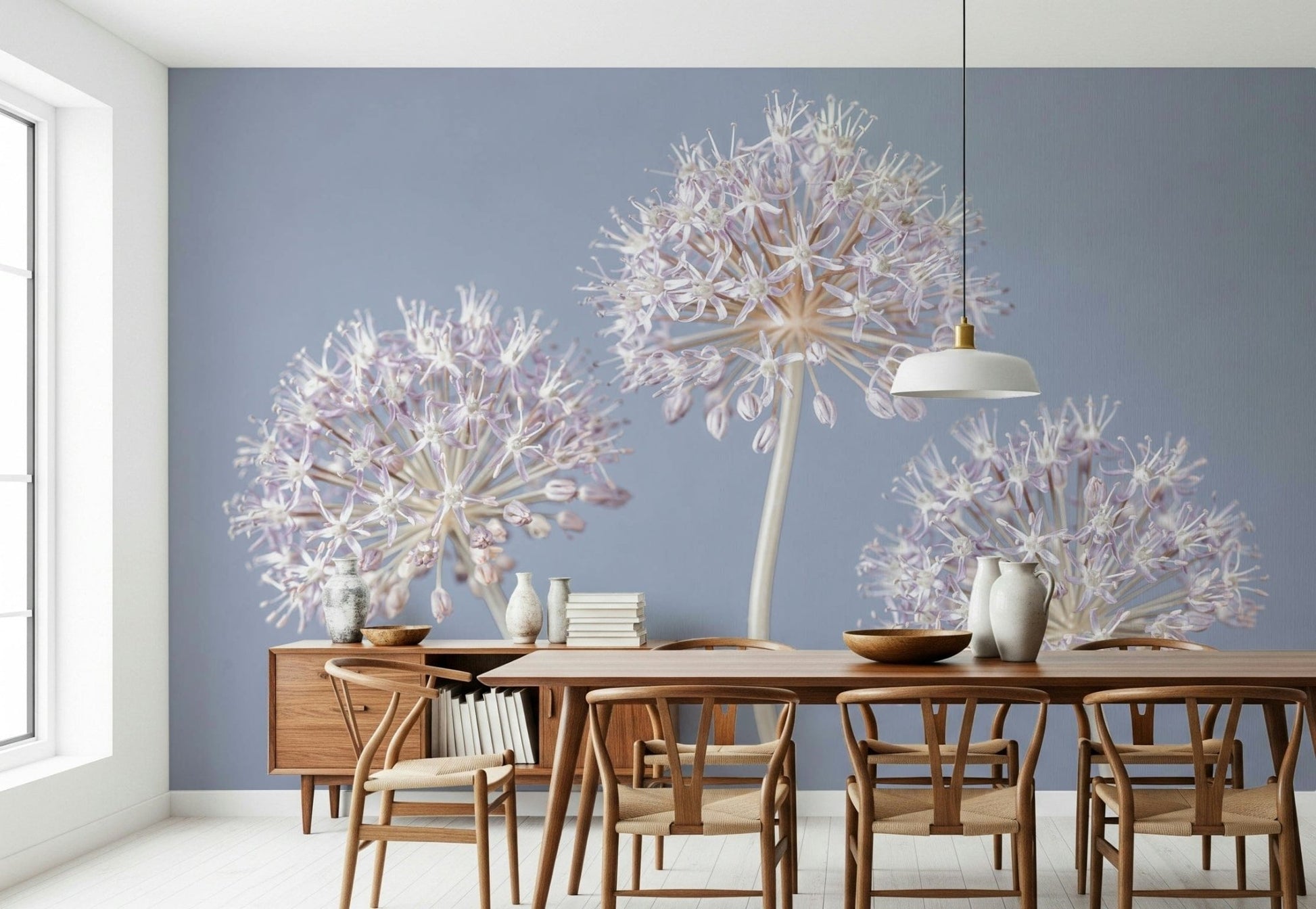 White allium flowers wall mural on grey