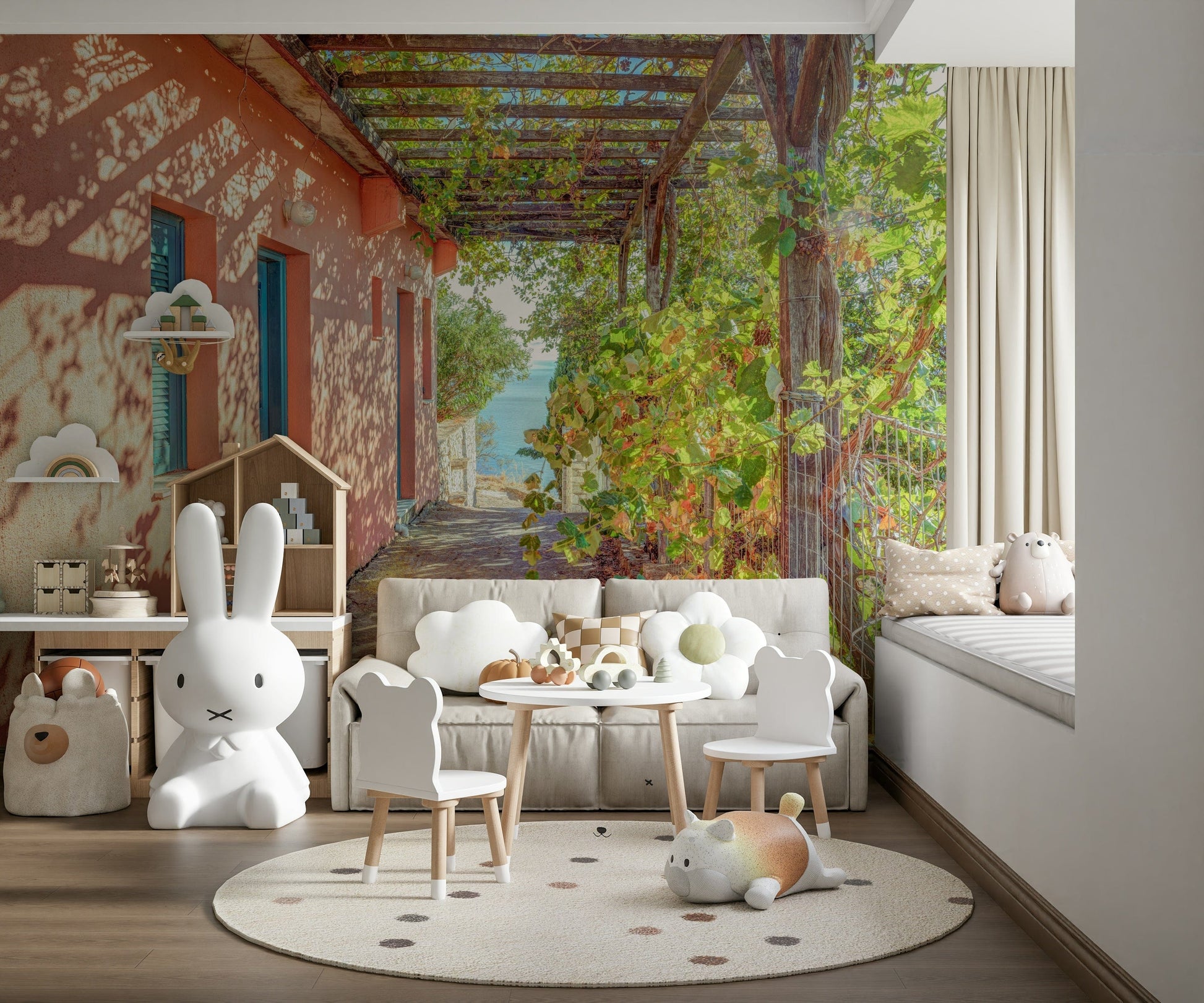 Sun-drenched Mediterranean Alonissos building and vibrant leafy foliage.