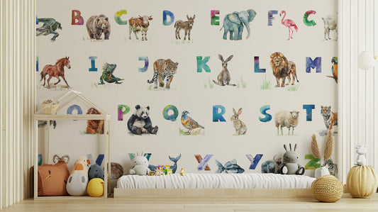 Playful alphabet-themed wallpaper with a menagerie of animal illustrations.