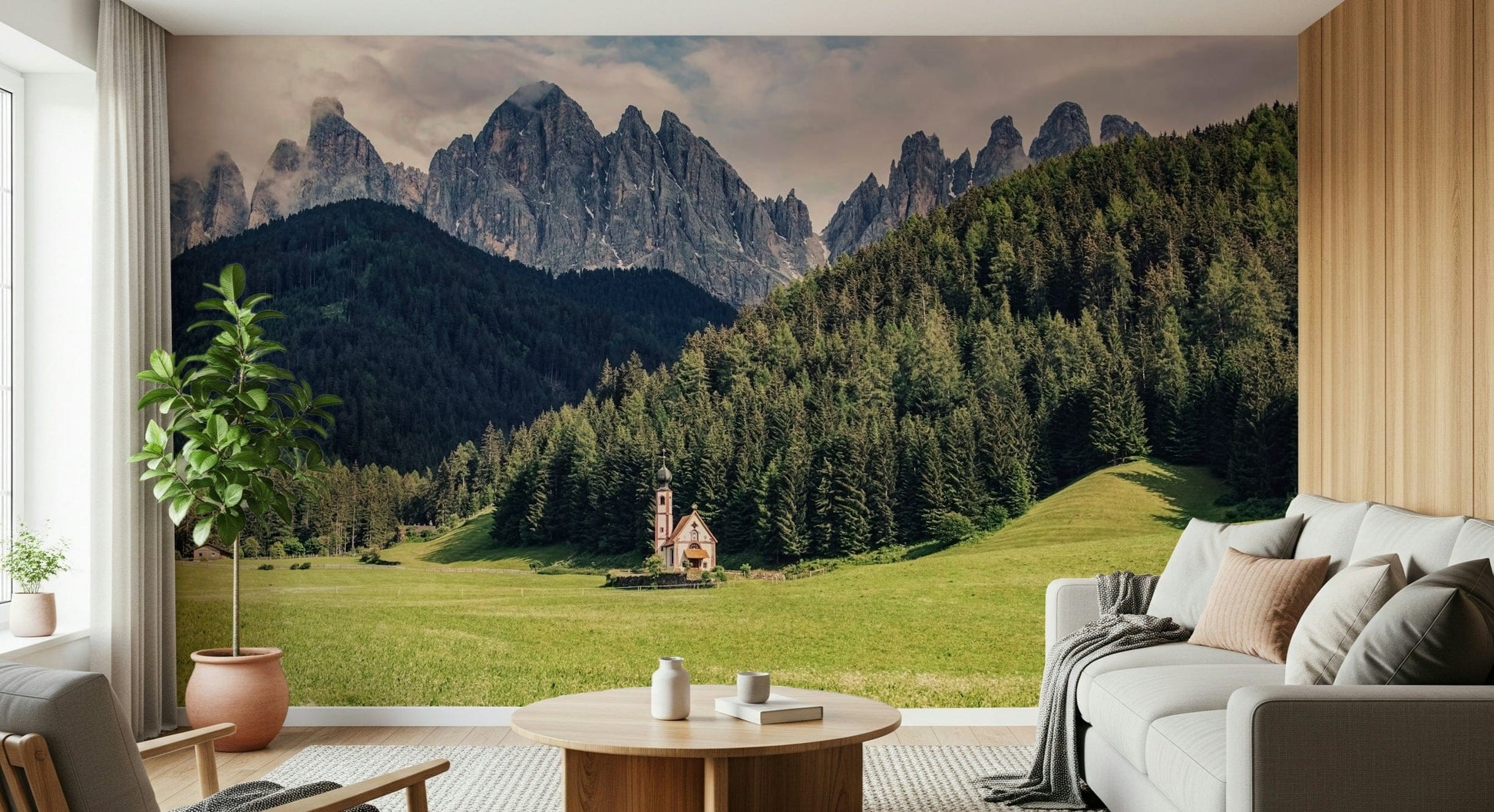 Outdoor scene, green field, dramatic peaks, Alpine Chapel Vista wall art.