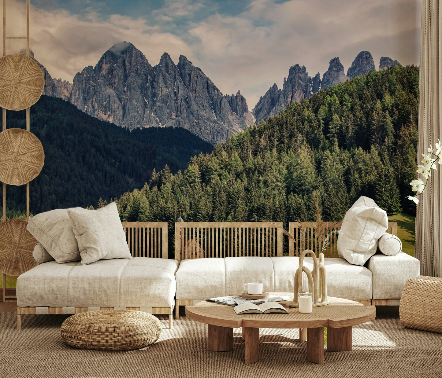 Dolomites landscape Alpine Chapel Vista wall mural green grass forest scene.