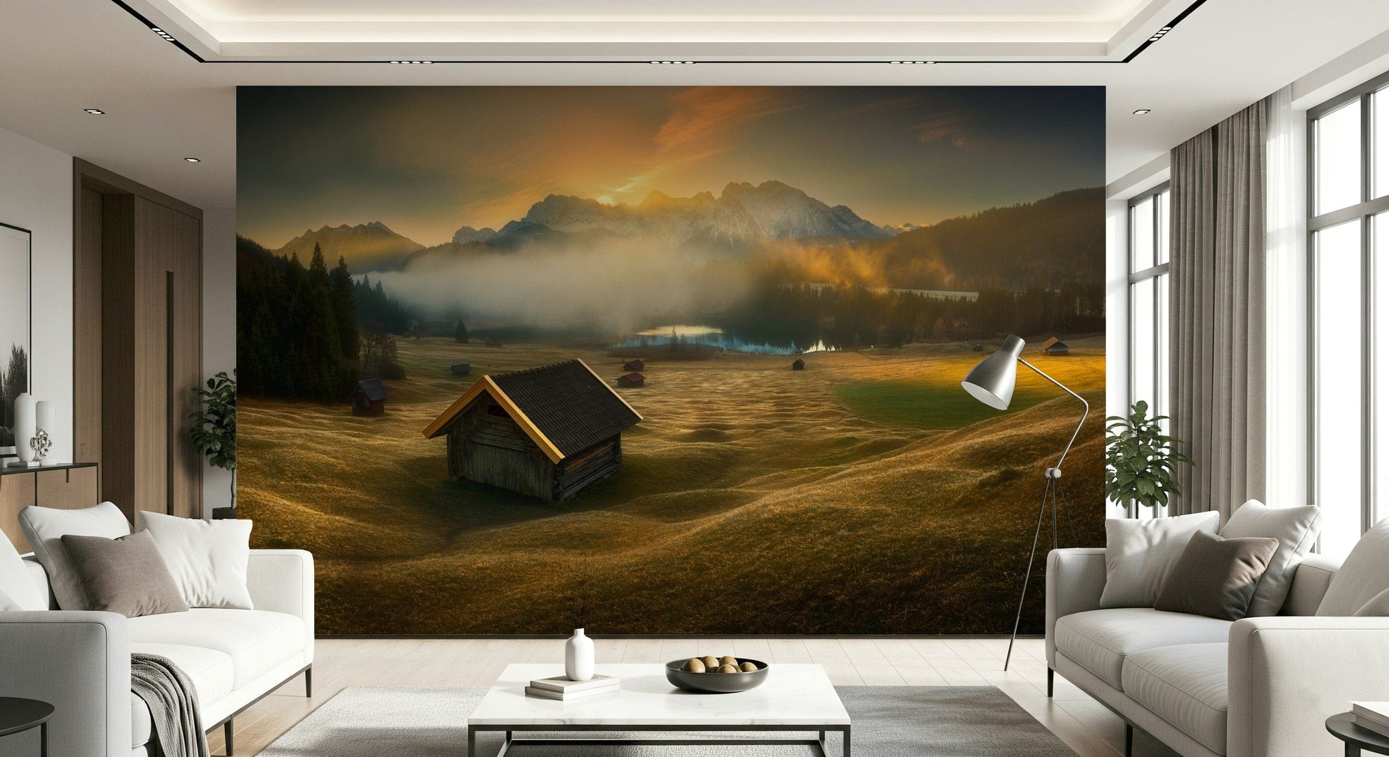 Mountain cabin wall mural capturing early morning light over alpine scenery.