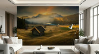 Mountain cabin wall mural capturing early morning light over alpine scenery.