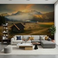 Alpine Dawn Hut wallpaper adding warmth and natural beauty to home interiors.