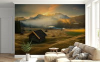 Wall mural featuring a quaint alpine hut with soft dawn sky and scenic mountains.