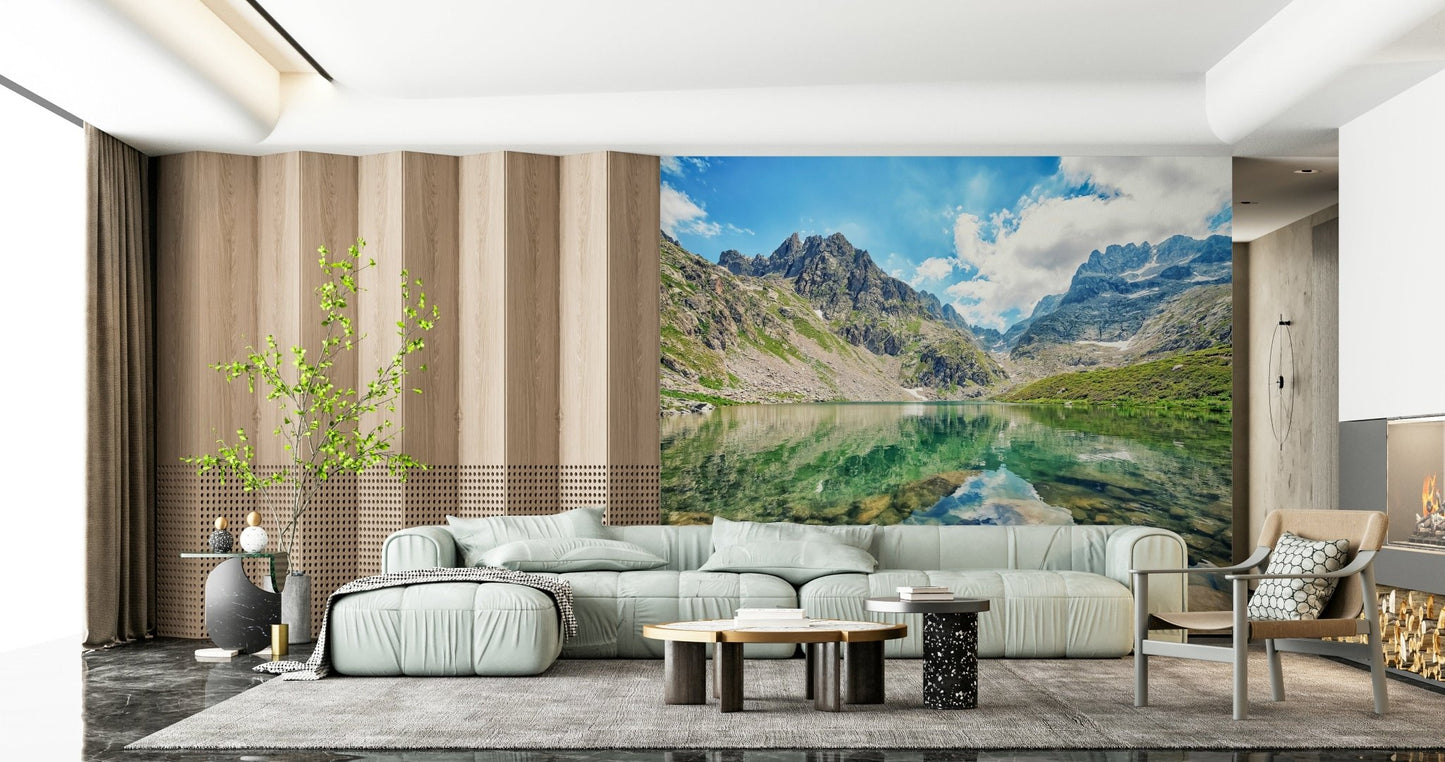 Reflecting alpine landscape wallpaper, Alpine Lake Serenity artwork.