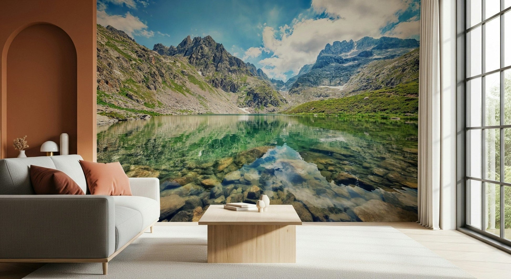 Clear glacial lake scene, Alpine Lake Serenity mural decoration.