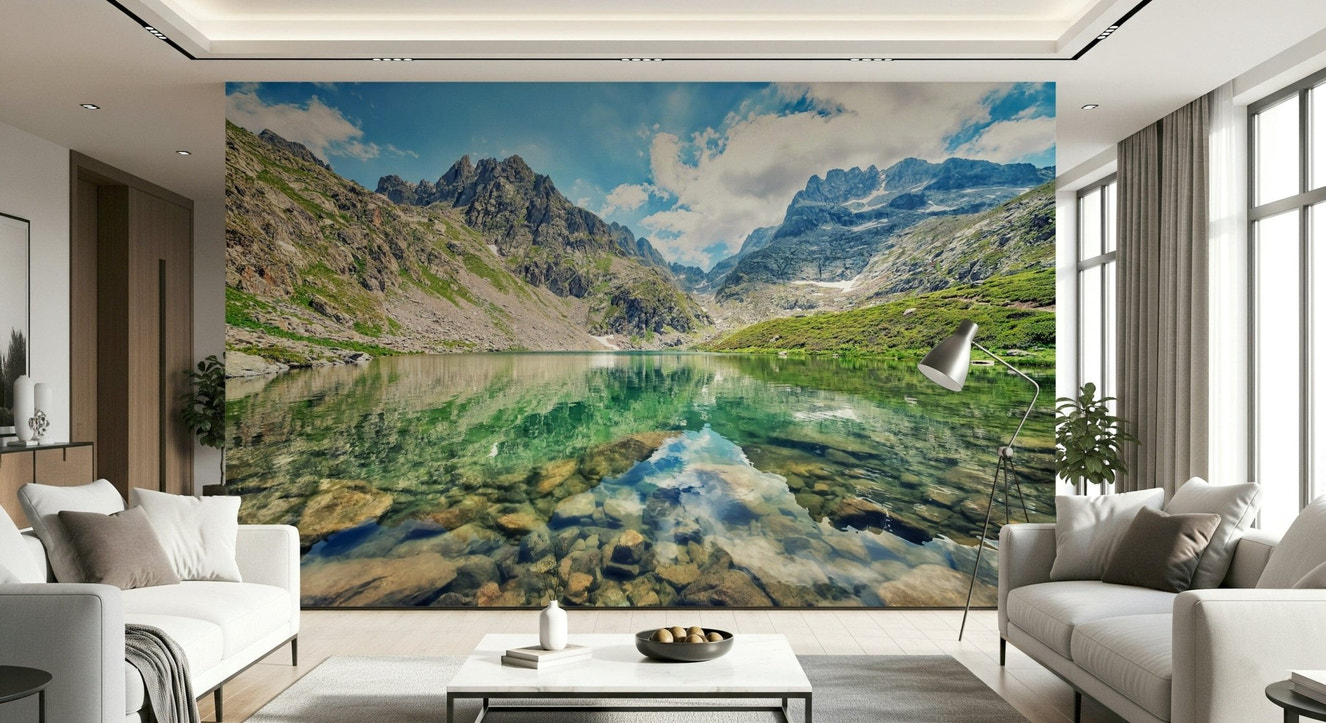 Alpine Lake Serenity wall mural clear turquoise water.