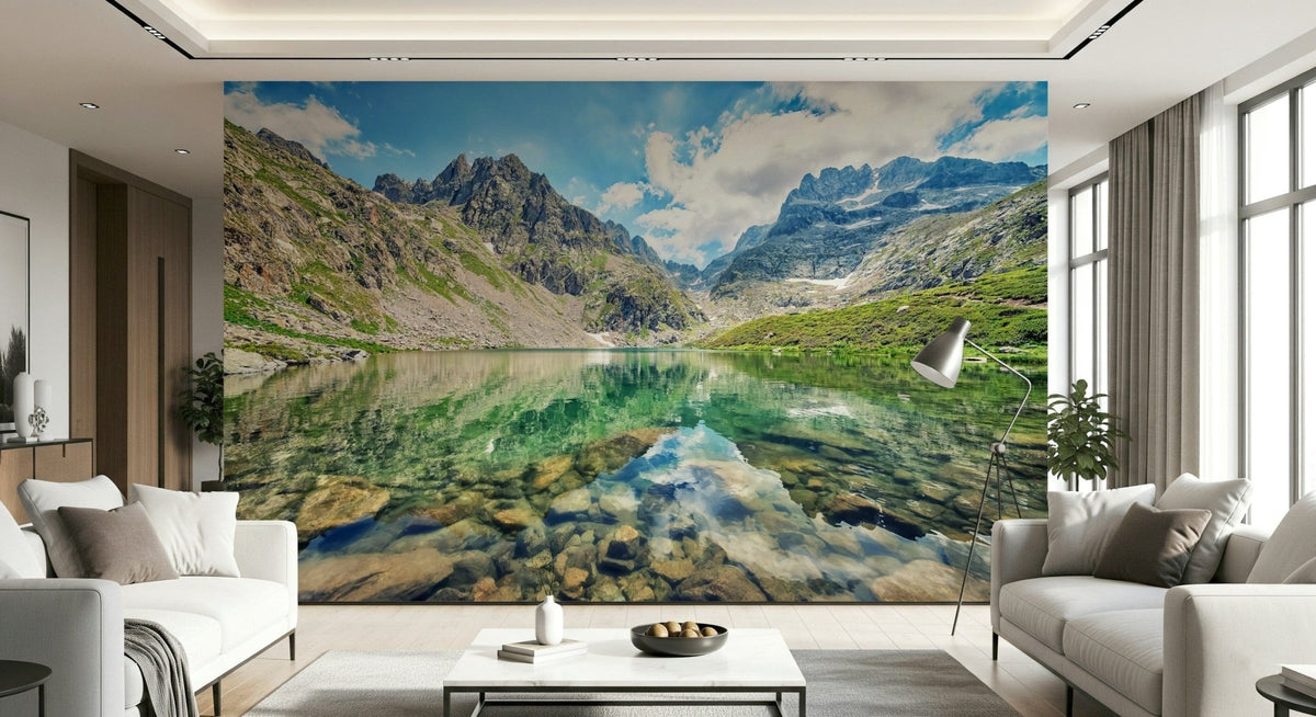 Alpine Lake Serenity wall mural clear turquoise water.