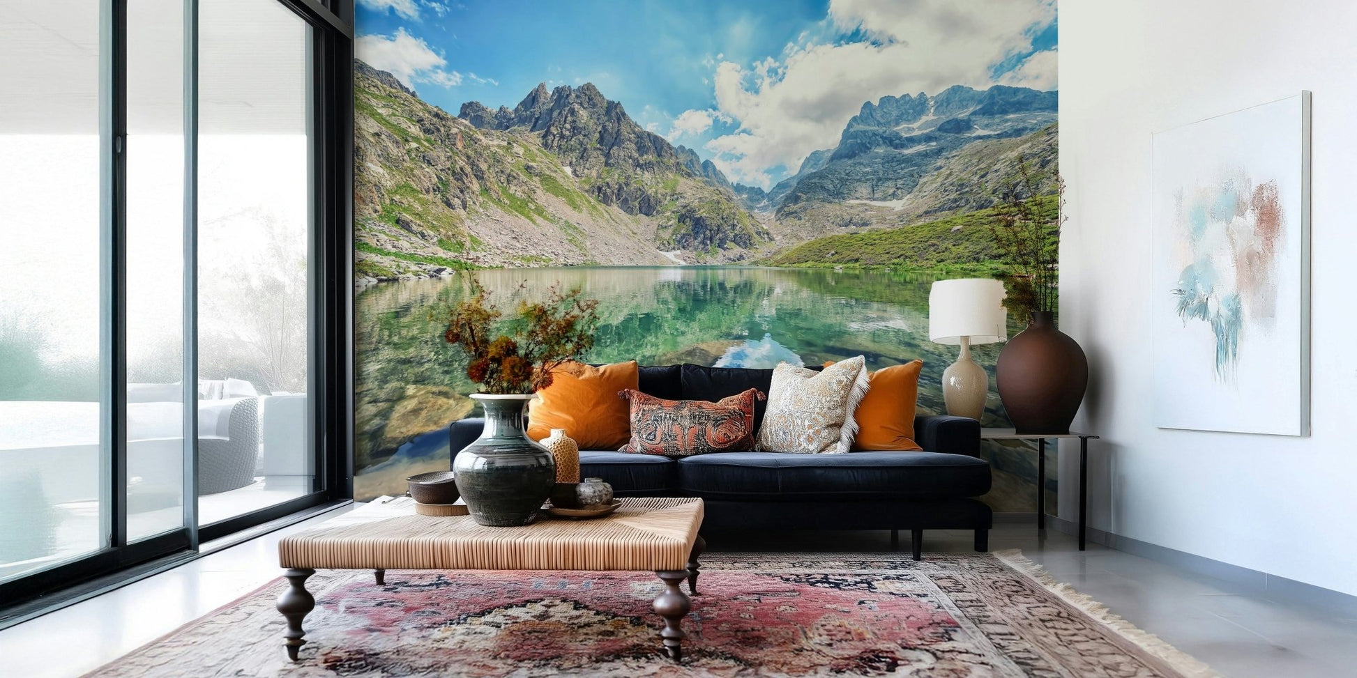 Immersive nature scenery mural, Alpine Lake Serenity.