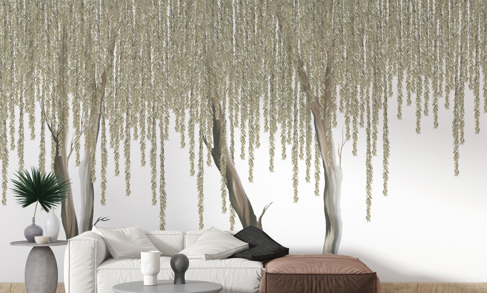 Hanging Flowers Tree wallpaper mural shown as a full feature wall that highlights the design