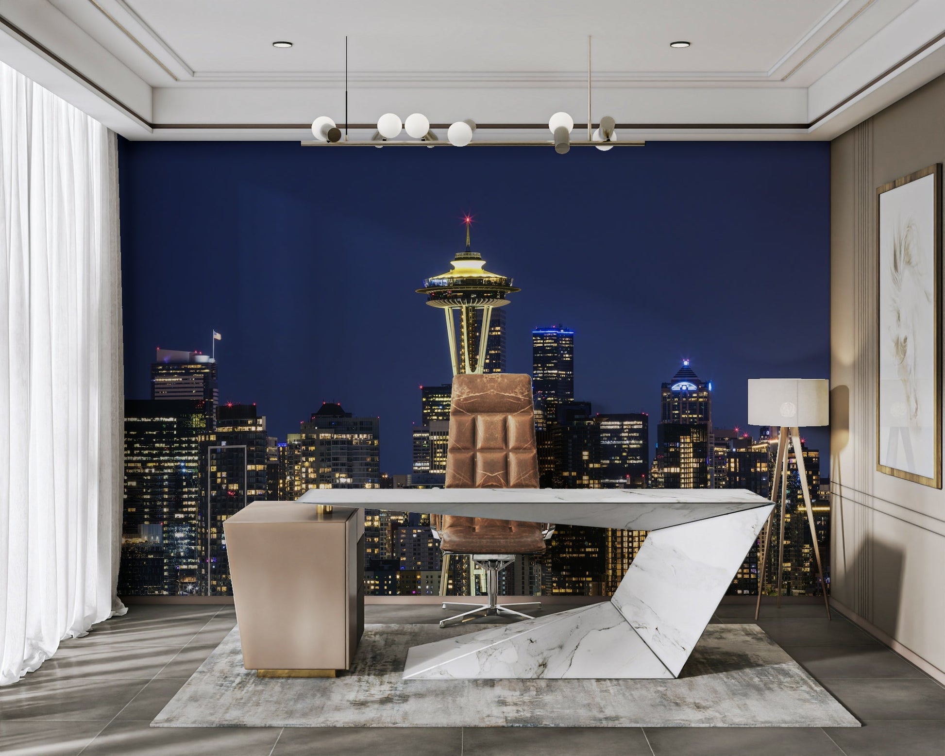 Non‑woven mural wallpaper featuring Seattle’s waterfront view

