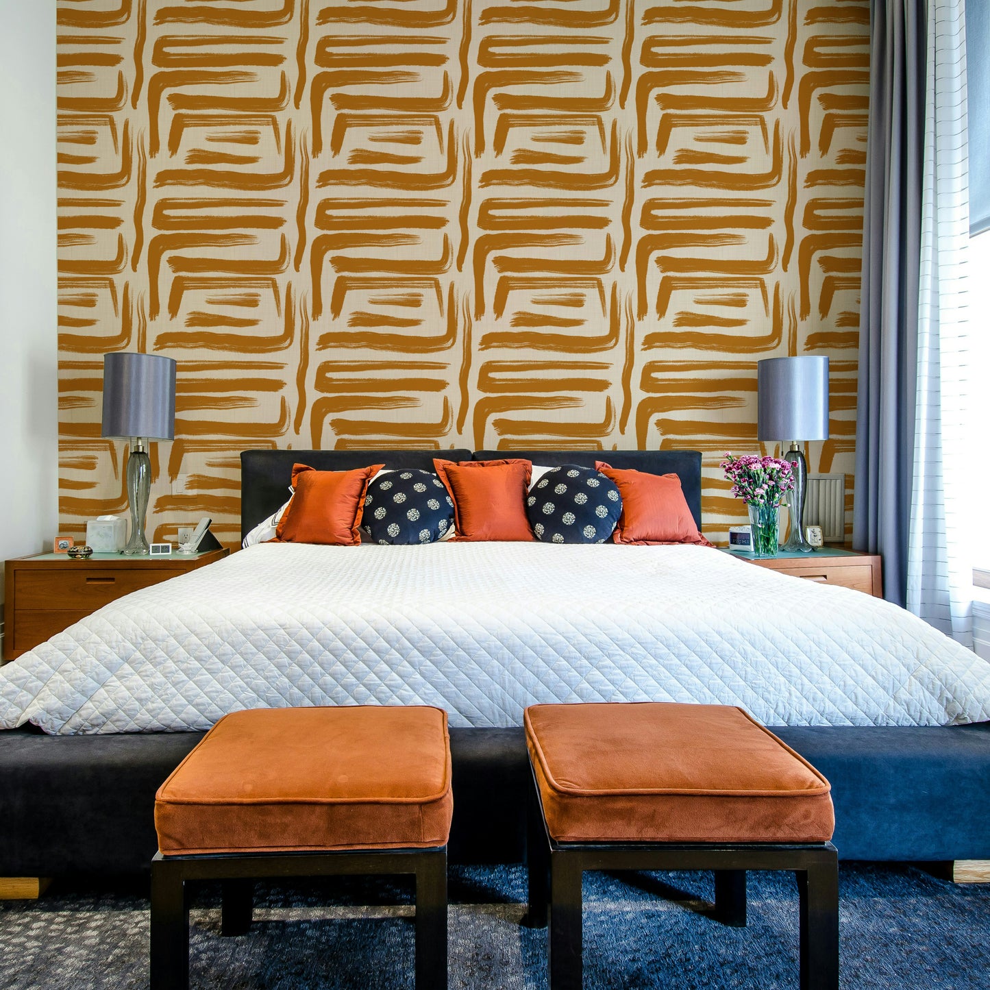 Close-up of mid-century amber brushstroke wall design

