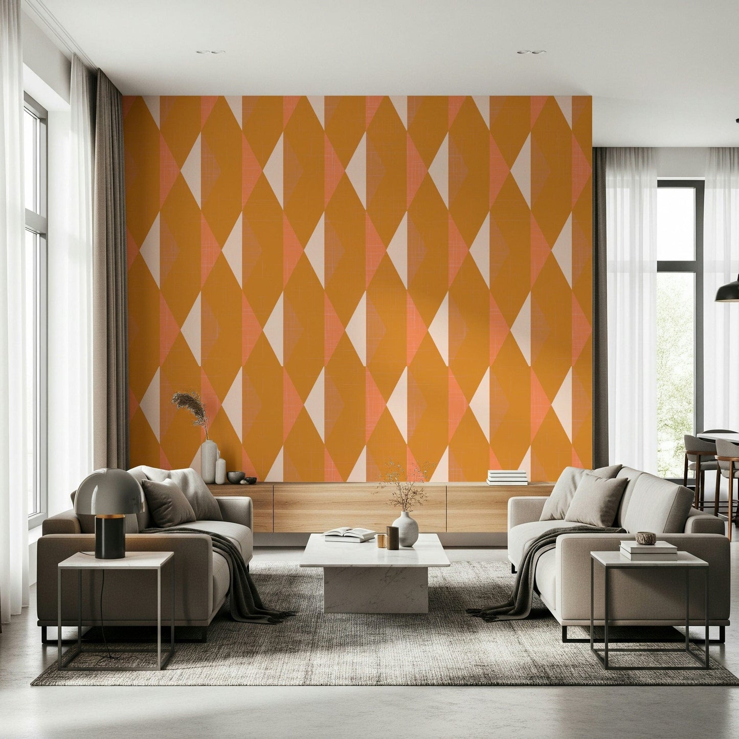 Warm amber wall mural brightens modern living room