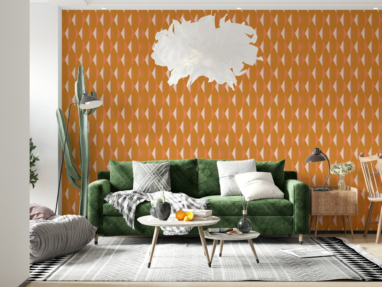Abstract diamond grid wall mural in soft sunset tones.