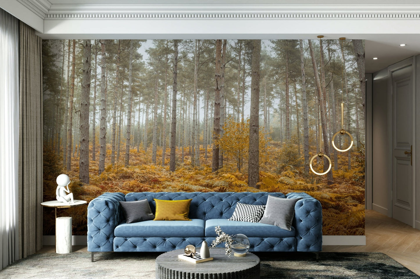 The mural extends across the entire wall, creating a clean backdrop.

