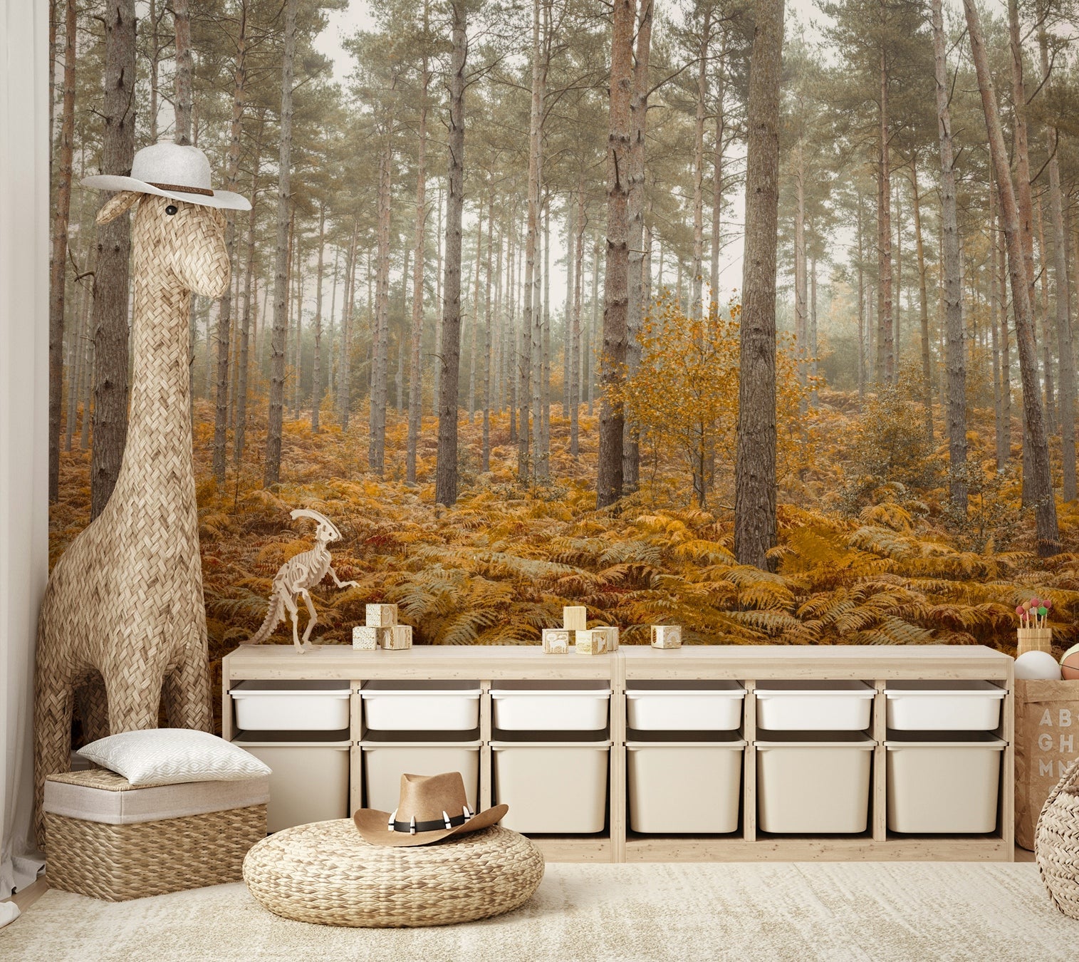 The mural is installed in a calm living room behind a simple, light-colored sofa.

