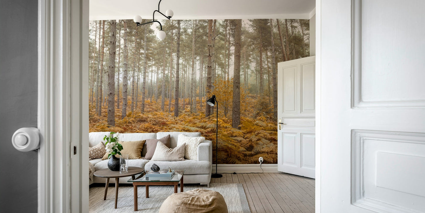 The room's lighting highlights the serene, quiet feel of the mural.

