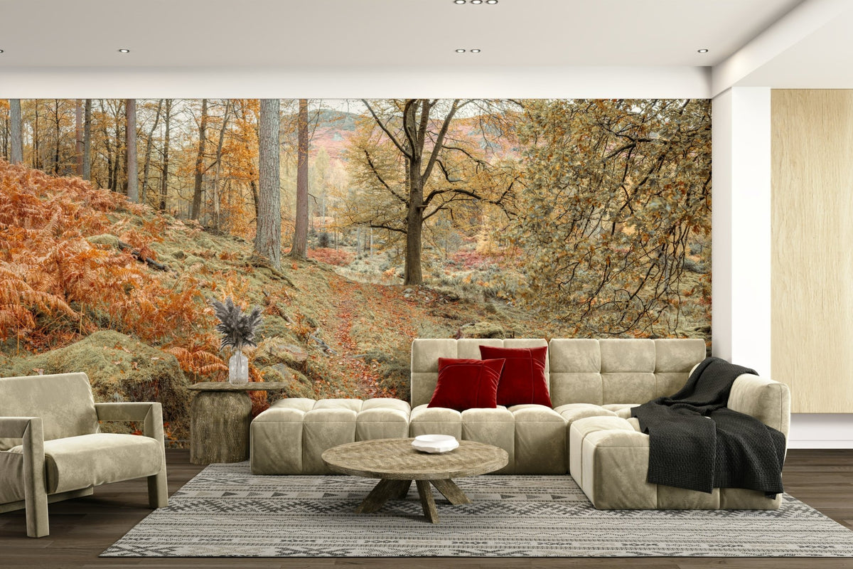 A wall mural featuring a path through a forest.

