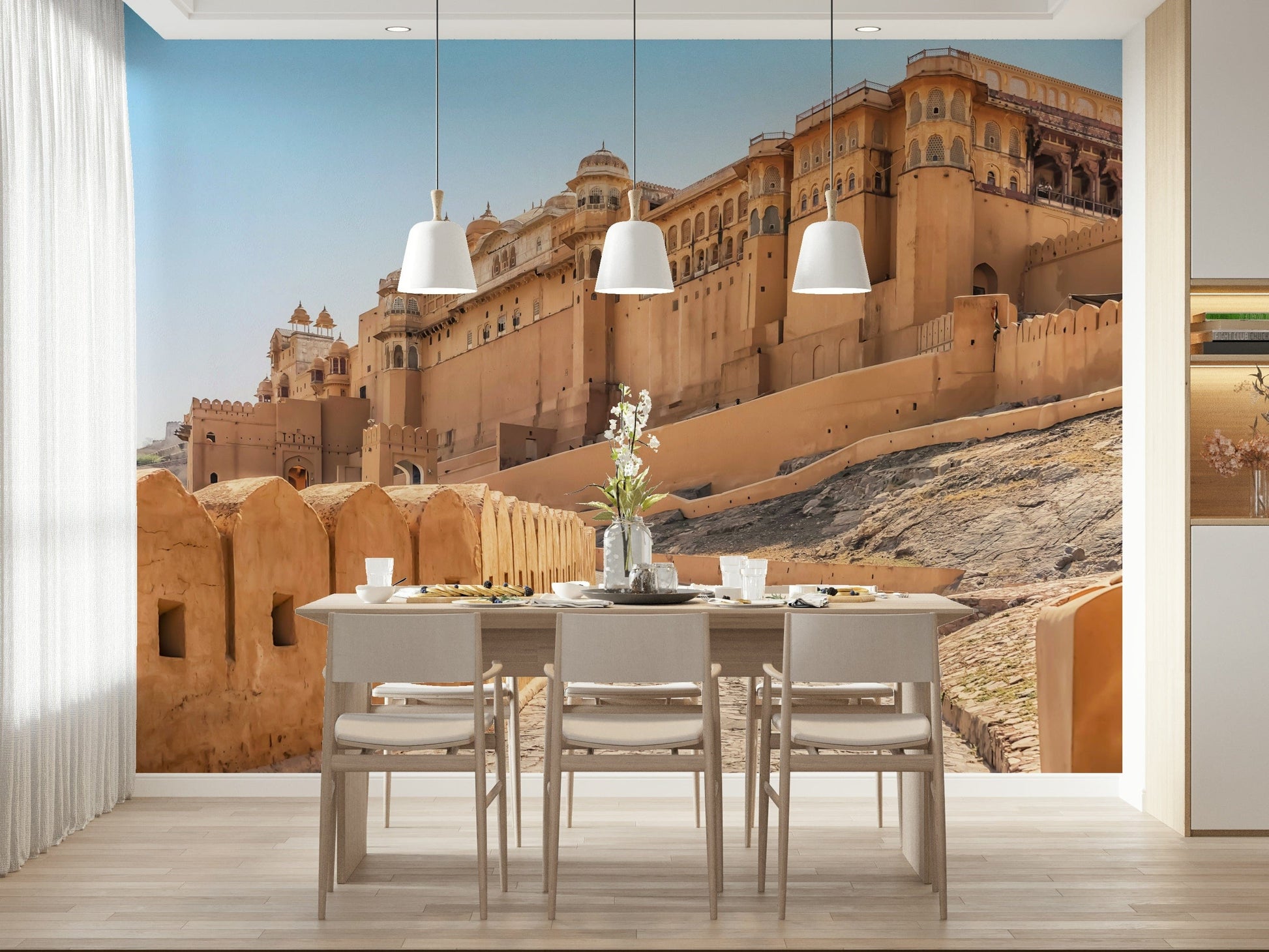 Jaipur's Amber Fort Grandeur, architectural wall mural beauty.