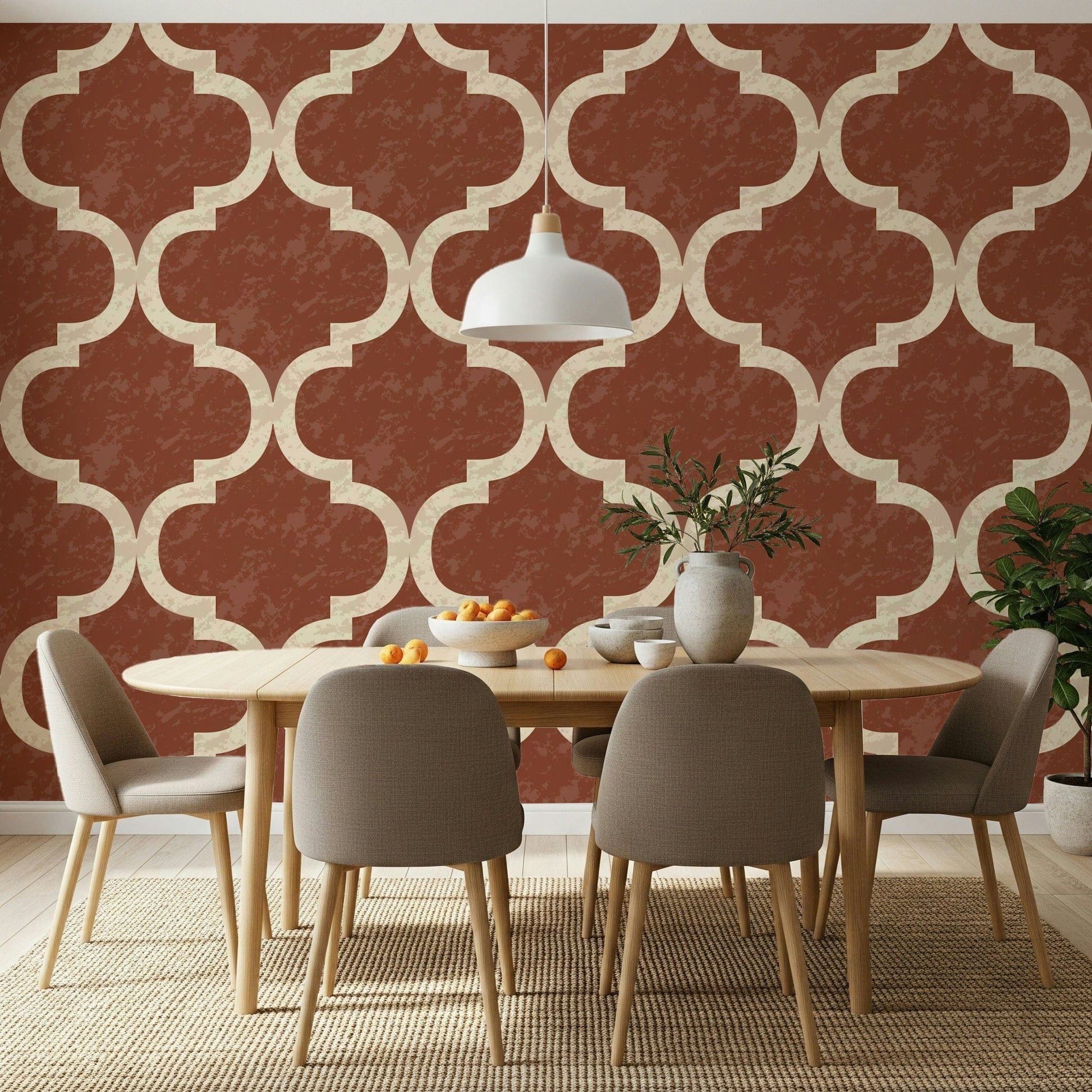 Vintage-style Moroccan ogee wallpaper with weathered texture