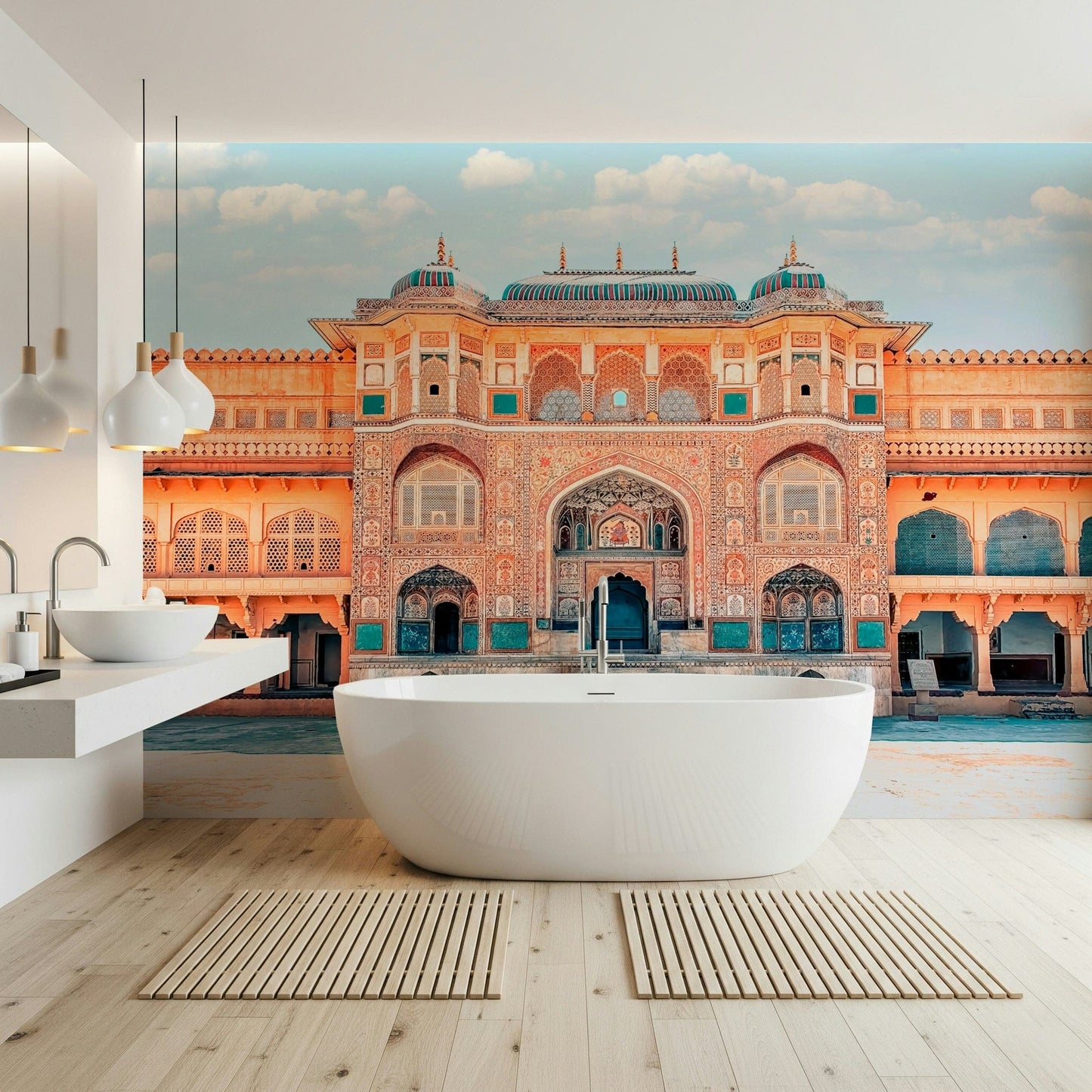 Architectural Amber Palace Majesty for walls, intricate Rajasthani art.