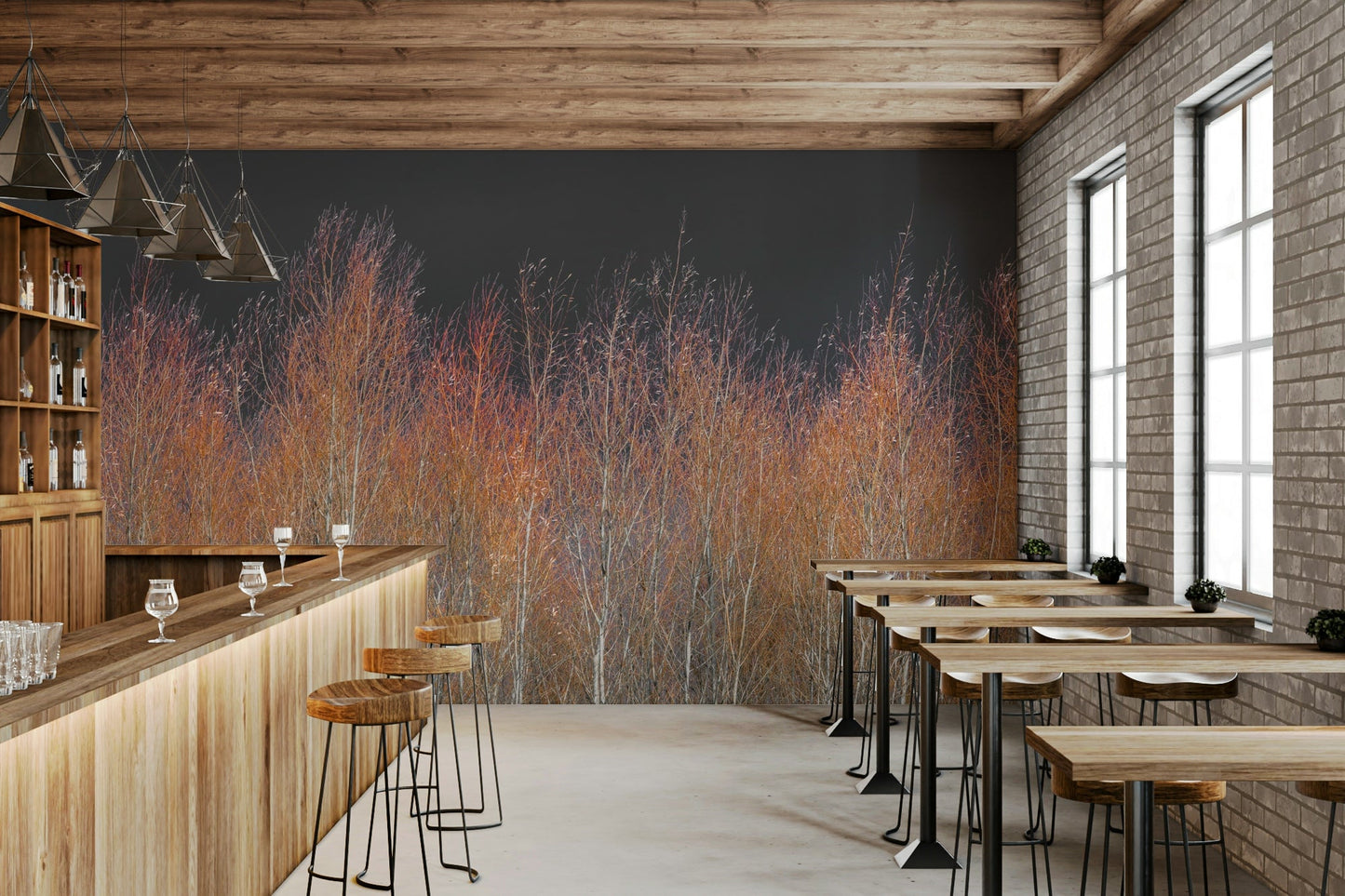 The mural is a high-quality print with good detail in the trees.
