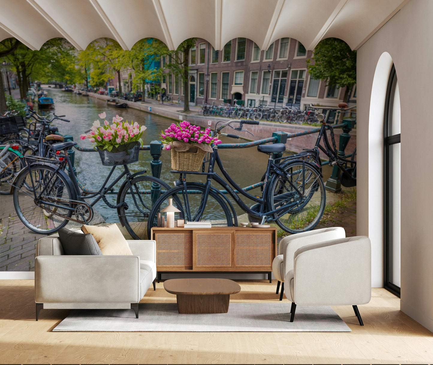 Canal bridge wallpaper wrought iron railing bicycles blossoms urbanity.