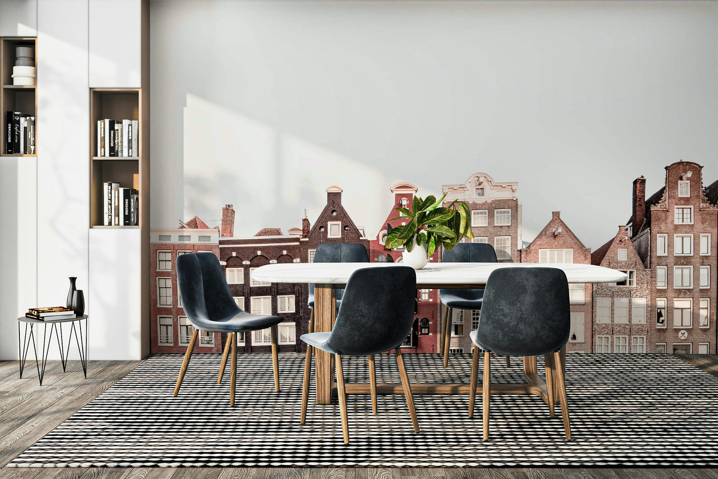 Amsterdam wall mural featuring canal and homes

