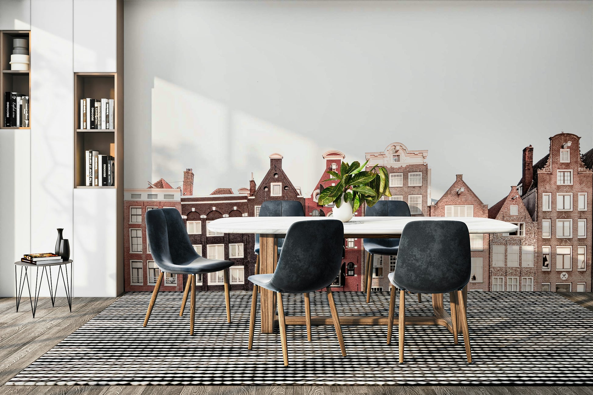 Amsterdam wall mural featuring canal and homes

