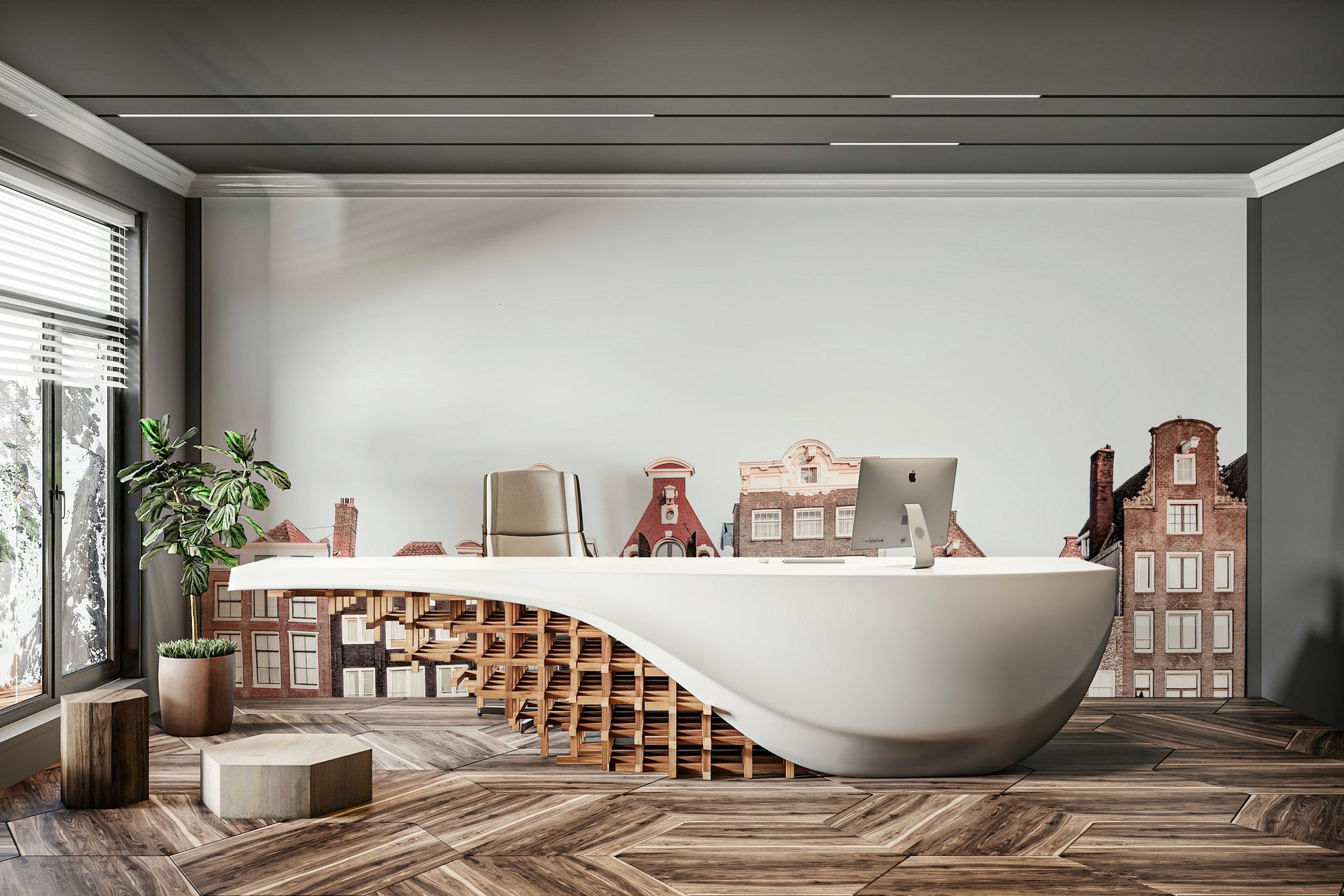 Calm water reflection mural of Amsterdam scene

