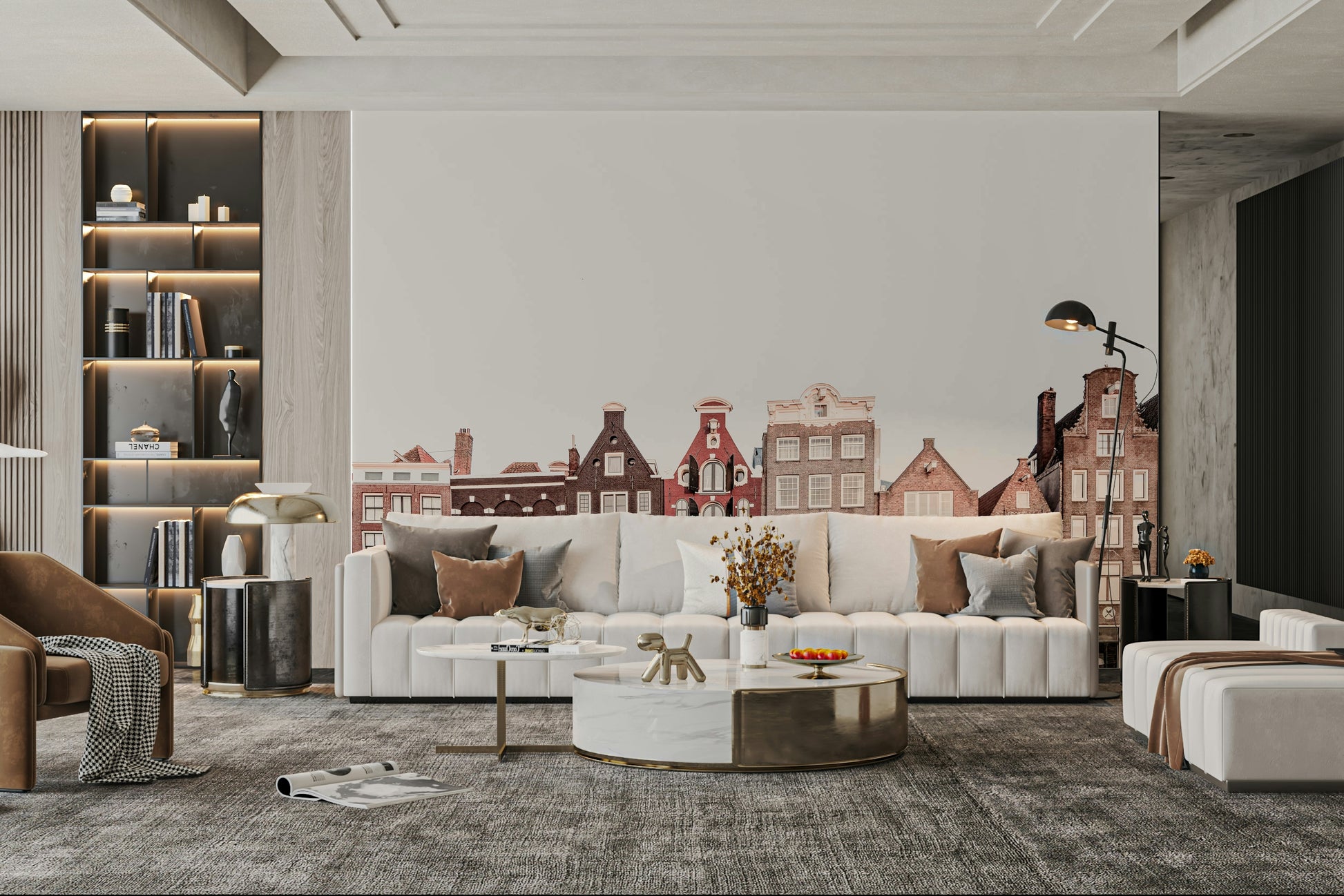 European architecture mural with canal buildings

